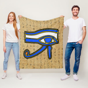 Blue Horus Eye On Hieroglyphs Fleece Blanket