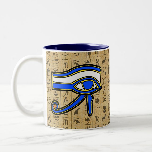 Blue Horus Eye On Hieroglyphs  Two-Tone Coffee Mug (Left)