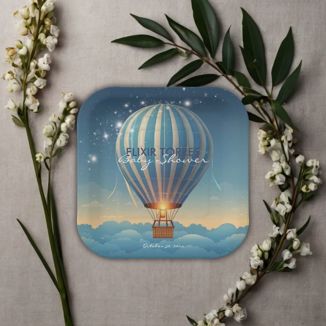 Blue Hot Air Balloon Adventure Awaits Baby Shower Paper Plate (Creator Uploaded)