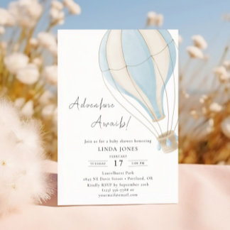 Blue Hot Air Balloon Adventure Baby Shower Invitation