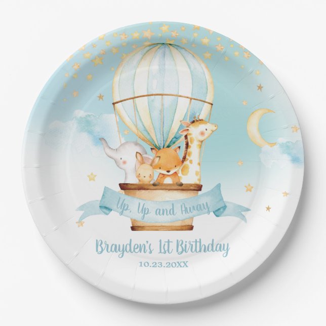 Blue Hot Air Balloon Animals Birthday Party  Paper Plate (Front)