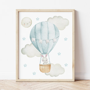 Blue Hot Air Balloon, Animals, Bunny, Boy Nursery Photo Print
