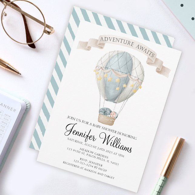 Blue hot air balloon baby boy shower Invitation (Creator Uploaded)