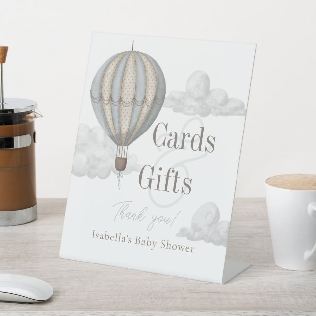 Blue Hot Air Balloon Baby Shower Cards & Gifts Pedestal Sign (In SItu)