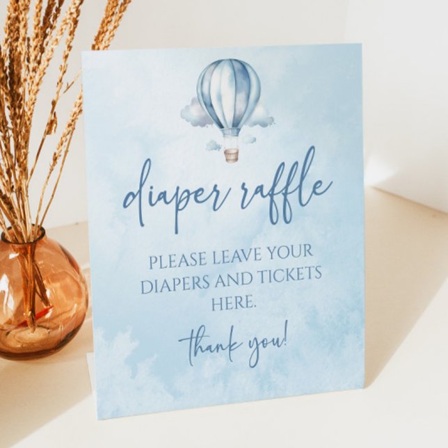 Blue Hot Air Balloon Baby Shower Diaper Raffle Pedestal Sign (Creator Uploaded)