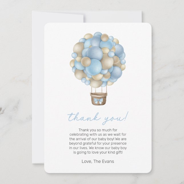 Blue Hot Air Balloon Baby Shower Thank You Card (Front)