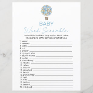 Blue Hot Air Balloon Baby Shower Word Scramble