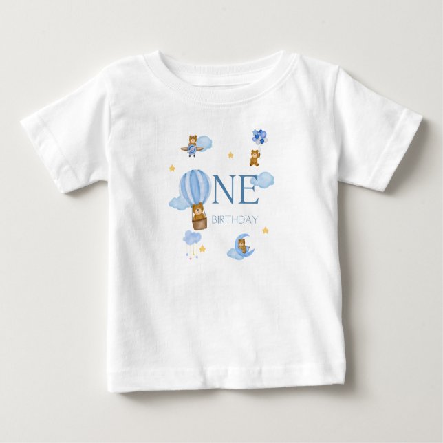 Blue Hot Air Balloon Bear 1st Birthday Baby T-Shir T-Shirt (Front)