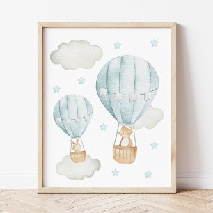 Blue Hot Air Balloon, Bear, Bunny, Boy Nursery Photo Print