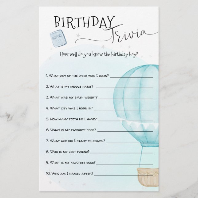Blue Hot Air Balloon Birthday Trivia (Front)