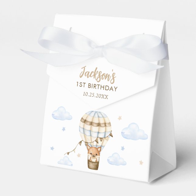 Blue Hot Air Balloon Boy 1st Birthday Favour Box (Front Side)