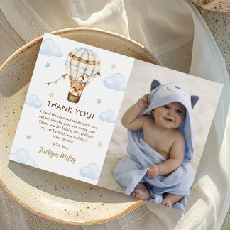 Blue Hot Air Balloon Boy 1st Birthday Photo Thank You Card