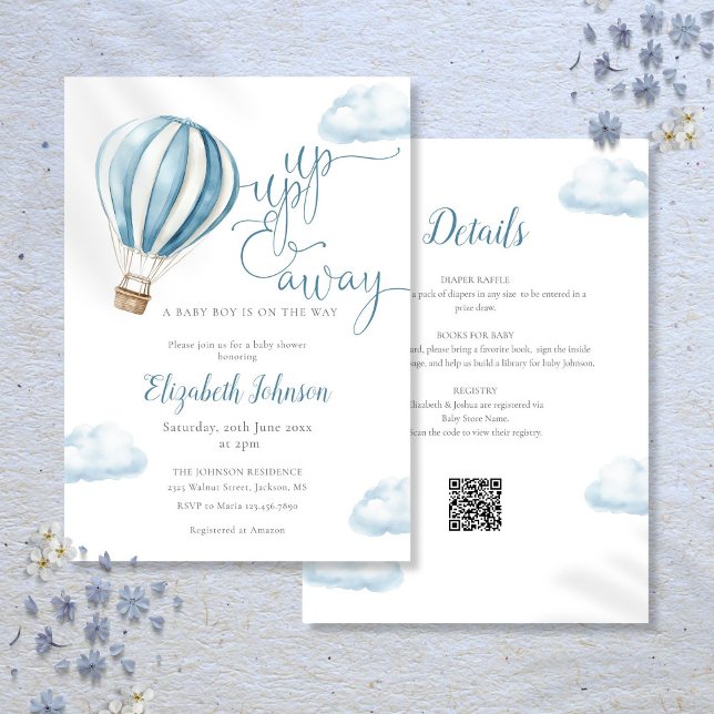 Blue Hot Air Balloon Boy All In One Baby Shower Invitation (Blue Hot Air Balloon Boy All In One Baby Shower Invitation)