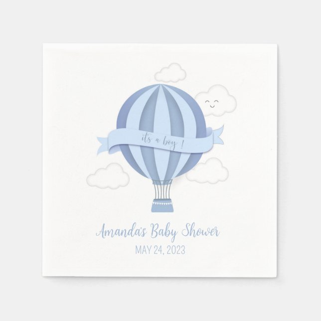 Blue Hot Air Balloon Boy Baby Shower Napkins (Front)