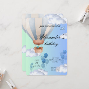 Blue Hot Air Balloon Boy Birthday Invitation 