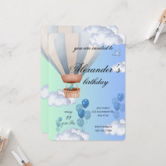 Blue Hot Air Balloon Boy Birthday Invitation 