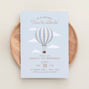 Blue Hot Air Balloon Boy Birthday Party Invitation