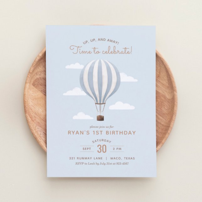 Blue Hot Air Balloon Boy Birthday Party Invitation (Creator Uploaded)