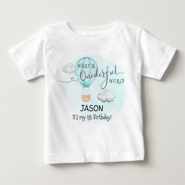 Blue Hot Air Balloon Boy First Birthday Baby T-Shirt (Front)