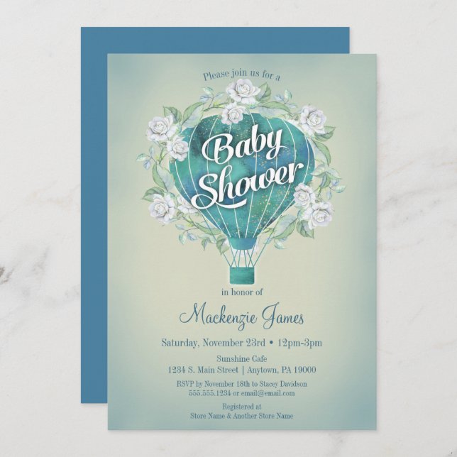 Blue Hot Air Balloon Boys Baby Shower Invitation (Front/Back)