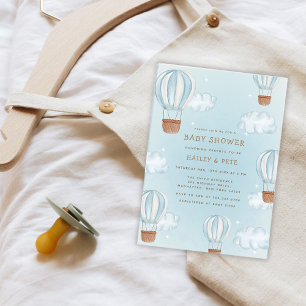 Blue Hot Air Balloon Cloud Star Boy Baby Shower Invitation