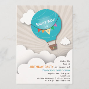 Blue Hot Air Balloon & Clouds Kids' Birthday Invitation