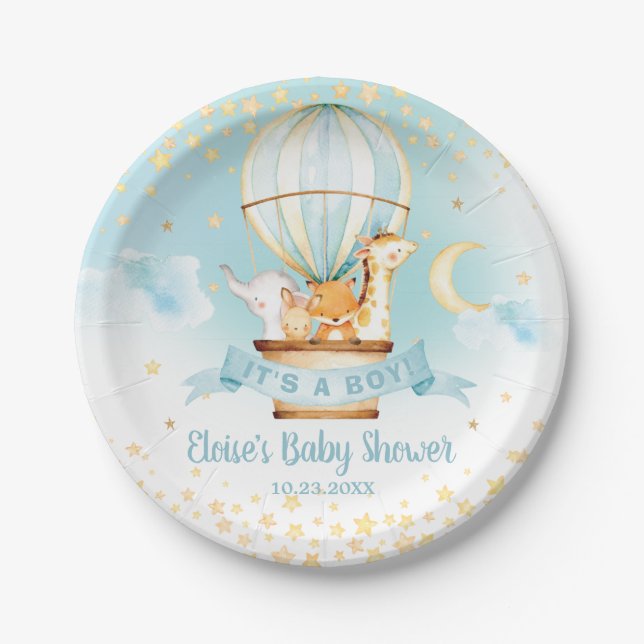 Blue Hot Air Balloon Cute Animals Boy Baby Shower Paper Plate (Front)