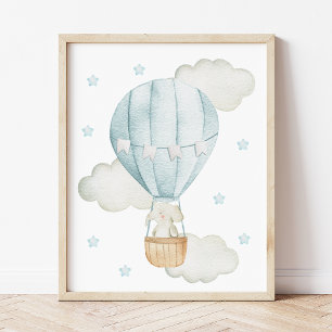 Blue Hot Air Balloon, Elephant, Stars, Boy Nursery Poster