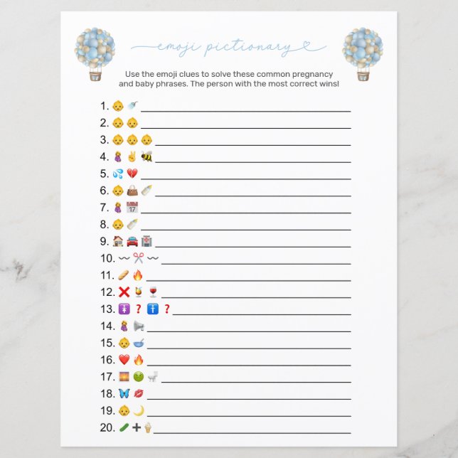Blue Hot Air Balloon Emoji Baby Shower Game (Front)