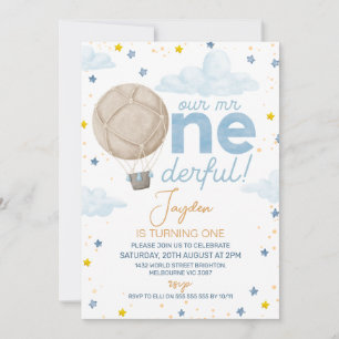 Blue Hot Air Balloon Mr Onederful 1st Birthday Invitation