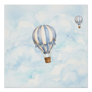 Blue Hot Air Balloon Nursery Wall Poster