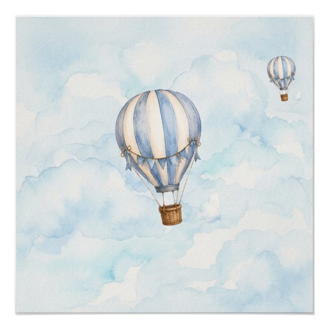 Blue Hot Air Balloon Nursery Wall Poster (Front)