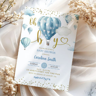 Blue Hot Air Balloon Oh Boy Baby Shower Invitation
