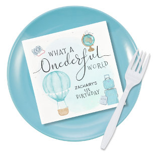 Blue Hot Air Balloon ONEderful World 1st Birthday Napkin