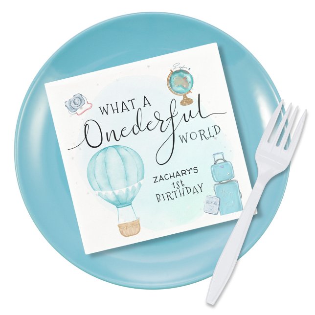 Blue Hot Air Balloon ONEderful World 1st Birthday Napkin (Creator Uploaded)