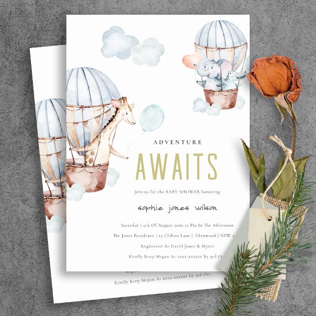 Blue Hot Air Balloon Safari Animals Baby Shower Invitation (Creator Uploaded)