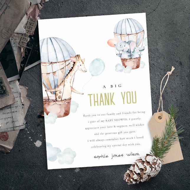 Blue Hot Air Balloon Safari Animals Baby Shower Thank You Card (Creator Uploaded)