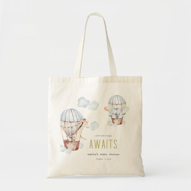 Blue Hot Air Balloon Safari Animals Baby Shower Tote Bag (Front)
