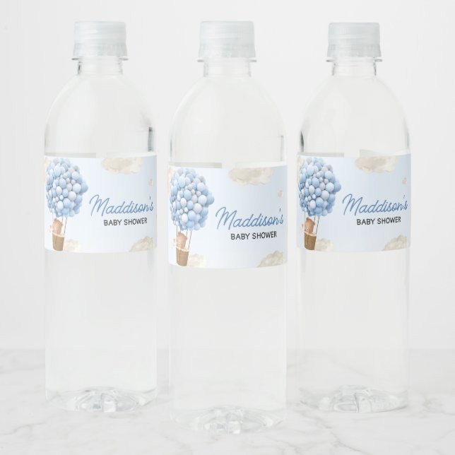 Blue Hot Air Balloon Up and Away Baby Shower Water Bottle Label (Bottles)