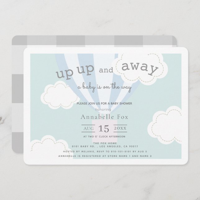 Blue Hot Air Balloon Up Up and Away Baby Shower Invitation (Front/Back)