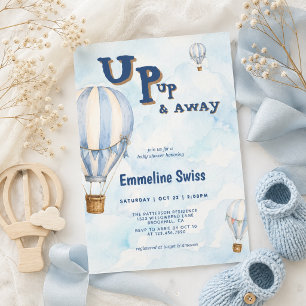 Blue Hot Air Balloon Up Up & Away Baby Shower Invitation