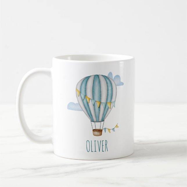 Blue Hot Air Balloon Watercolor Coffee Mug (Left)