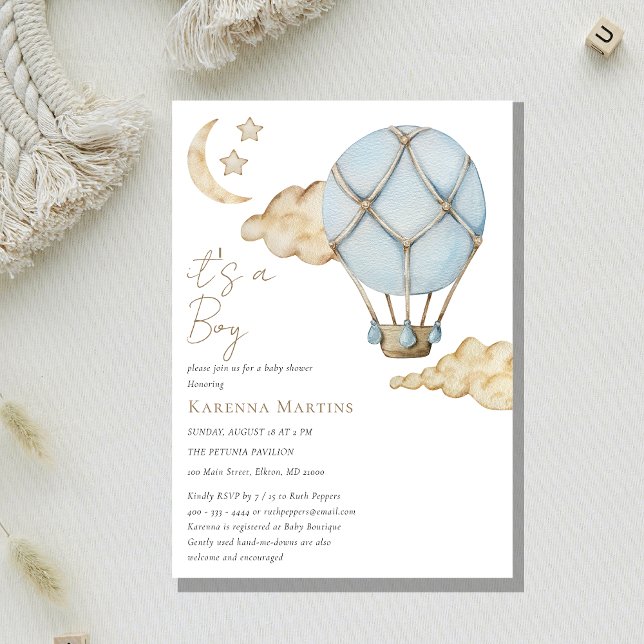 Blue Hot Air Balloon White It's a Boy Baby Shower Invitation (Creator Uploaded)