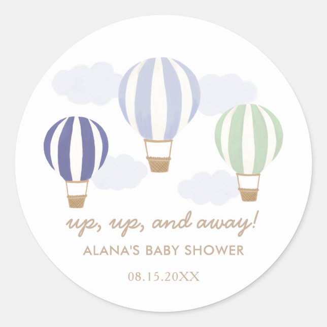 Blue Hot Air Balloons Boy Baby Shower Classic Roun Round Sticker (Front)