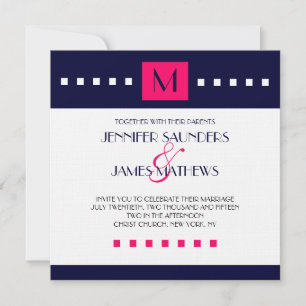 Blue Hot Pink Monogram Modern Wedding Invitation