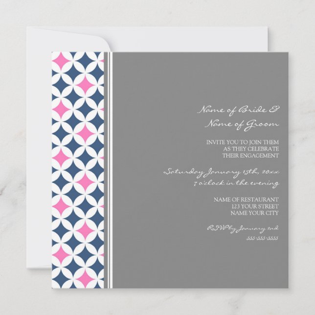 Blue Hot Pink Pattern Engagement Party Invitations (Front)