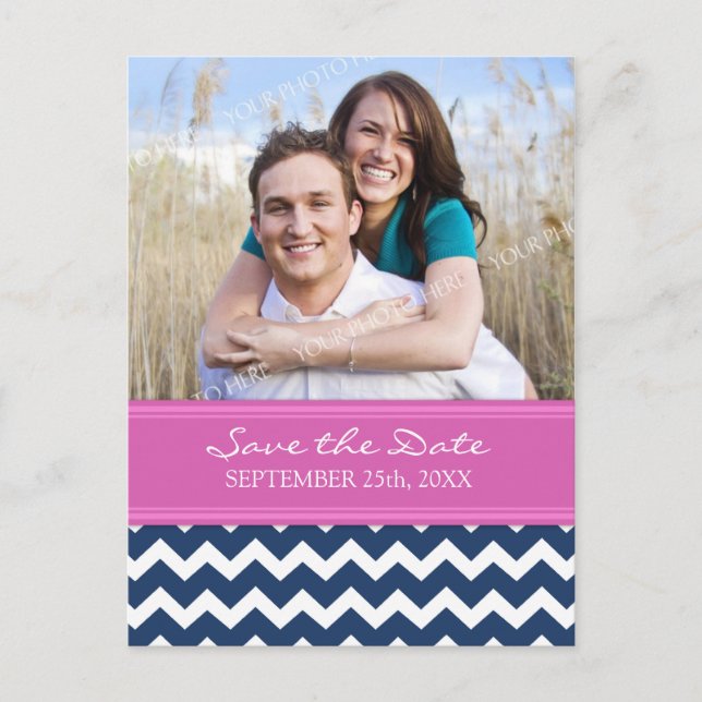 Blue Hot Pink Photo Save the Date Wedding Postcard (Front)