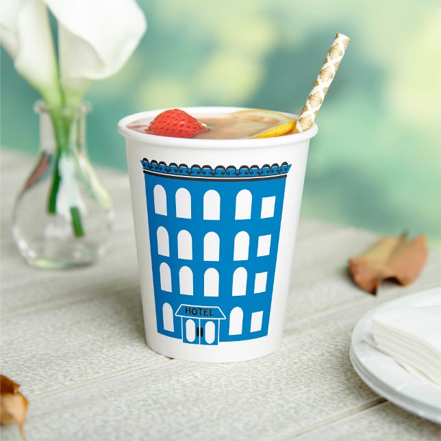 Blue Hotel Building Vintage City Architecture Paper Cups (Creator Uploaded)