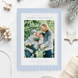 Blue Houndstooth Christmas Photo Holiday Card