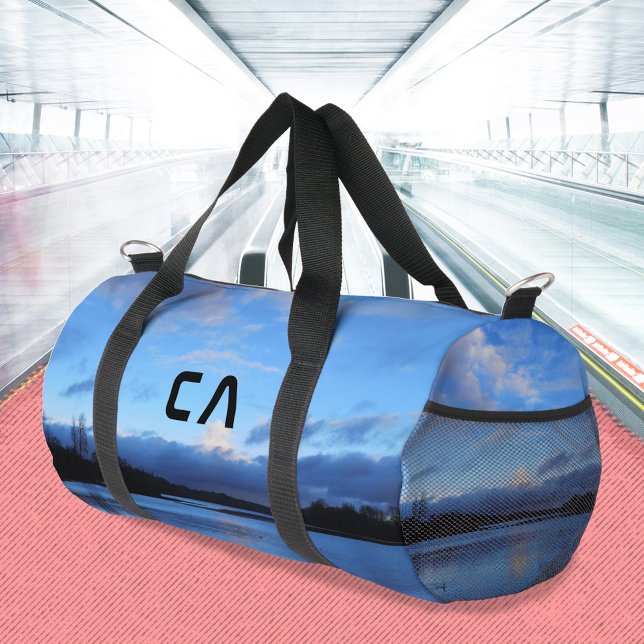 Blue Hour Lake Monogram Photo Travel Duffle Bag (Blue Hour Lake Monogram Wanderlust Photo Duffle Bag 
©Susanne Sachers - Sunny Wanderlust 🌞✈️)